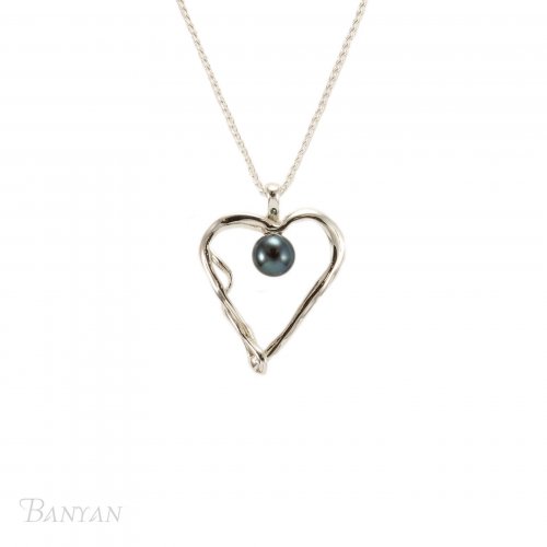 Banyan - Black Pearl Set, Sterling Silver Heart Pendant Necklace PE1623-B6