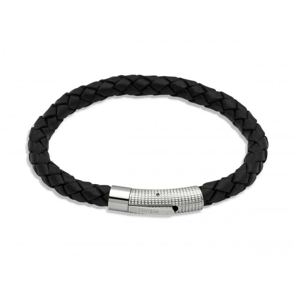 Unique - Black Leather and Stainless Steel Bracelet, Size 21cm B174BL ...