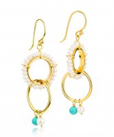 Claudia Bradby - Boho, Pearl and Turquoise Set, Yellow Gold Plated - Double Hoops CBEH0094GP