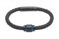 Unique - Navy Blue Leather and Stainless Steel Gents Bracelet, Size 21cm