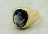 Antique Guest and Philips - Masonic Inlay Synthetic Sapphire Set, Yellow Gold - Signet Ring R4074