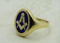 Antique Guest and Philips - Masonic Inlay Blue Enamel Set, Yellow Gold - Signet Ring R4075