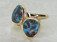 Antique Guest and Philips - Turquoise Set, Yellow Gold - Two Stone Crossover Ring R5273