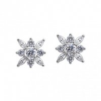 Carat London - Camelia, Cubic Zirconia Set, Sterling Silver With White Gold Finish Snowflower, Stud, Earrings