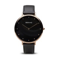 Bering - Ladies Classic, Stainless Steel With Rose Gold Plating, Black Leather Strap Watch - 14839-462