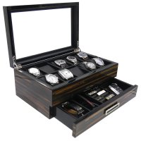 English Pewter Company - Luxury 10 Slot, Wood - Glass - Watch Case & Drawer, Size 36x22.5x14cm LWC02