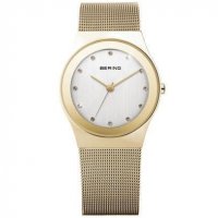 Bering - Classic Ladies, Swarovski Crystal Set, Stainless Steel and Yellow Gold Plate Mesh Strap Watch - 12927-334