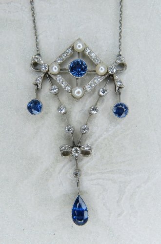 Antique Guest and Philips - Sapphire Set, Platinum - Edwardian Fancy Pendant P1125