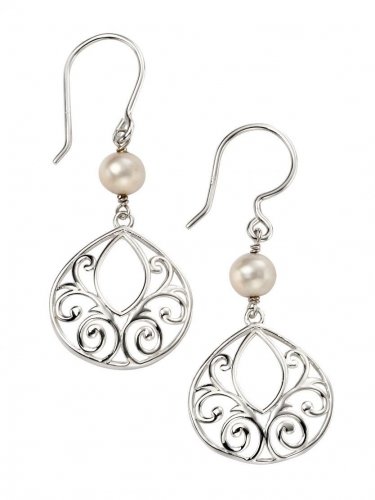 Gecko - Beginnings, Silver Filigree Drop Pearl Earrings