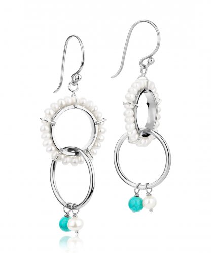 Claudia Bradby - Boho, Pearl and Turqu Set, Sterling Silver - Double Hoops CBEH0094