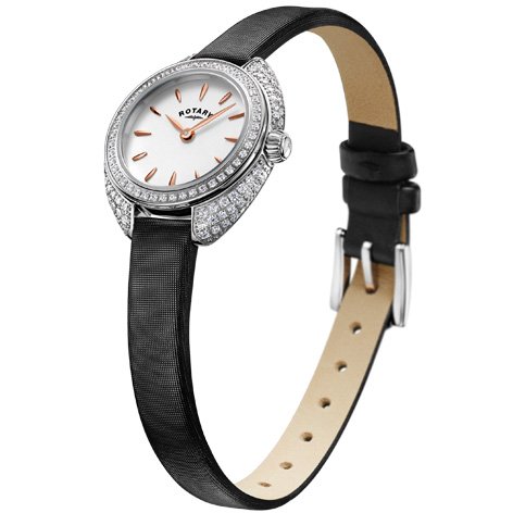 Rotary - Stone Set, Stainless Steel and Black Leather Strap Ladies Watch - LS05087-02