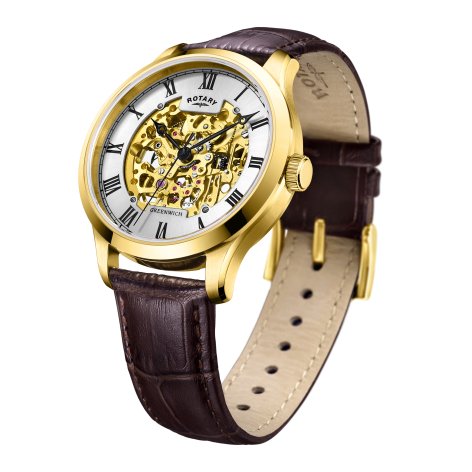 Rotary - Greenwich, Yellow Gold Plated - Leather - Skeleton Watch, Size 42mm