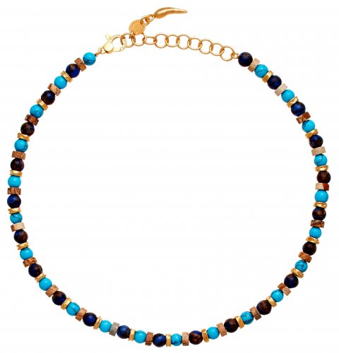Giovanni Raspini - Tuareg, Tur and Blue Agate Bronzite and Ruin Marble Set, Yellow Gold Plated - Sterling Silver - Small Necklace, Size 43cm 11372 11372