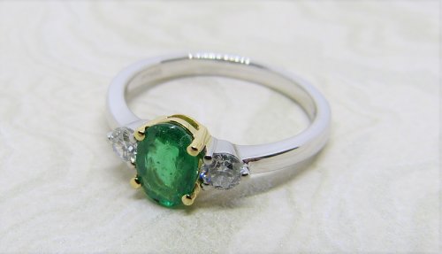 Antique Guest and Philips - 0.754ct Emerald Set, Platinum - Yellow Gold - Three Stone Ring