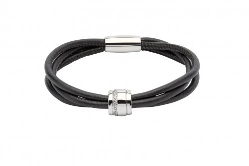 Unique - Cubic Zirconia Set, Leather/Stainless Steel Bracelet, Size 19cm