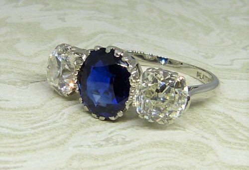 Antique Guest and Philips - Platinum, Sapphire and Diamond Set Three Stone Ring