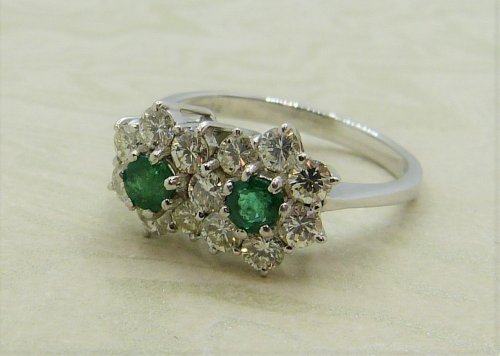 Antique Guest and Philips - 0.30ct Emerald Set, White Gold - Double Cluster Ring R4309