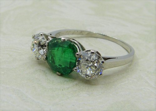 Antique Guest and Philips - 1.69ct Emerald Set, Platinum - Three Stone Ring R4025
