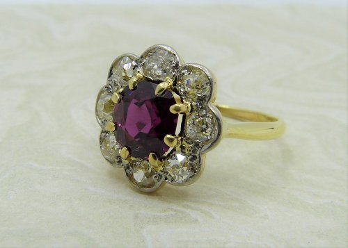 Antique Guest and Philips - 1.20ct Ruby Set, Yellow Gold - Platinum - Cluster Ring R4049