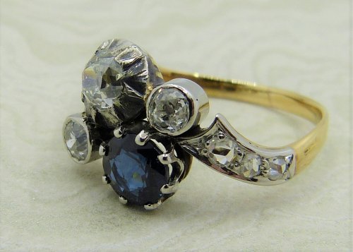 Antique Guest and Philips - 0.76ct Sapphire Set, Yellow Gold - Sterling Silver - Cluster Ring R4624