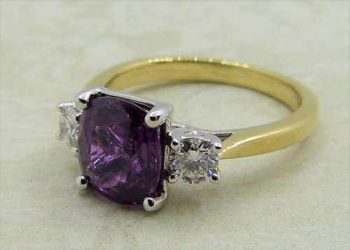Antique Guest and Philips - 2.42ct Violet Sapphire Set, Yellow Gold - White Gold - Three Stone Ring R4784