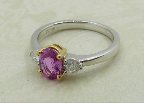 Antique Guest and Philips - 1.00ct Pink Sapphire Set, Platinum - Yellow Gold - Three Stone Ring R4883