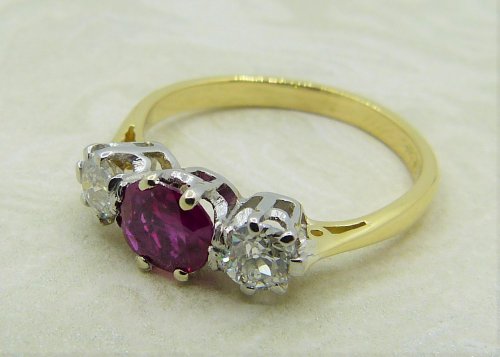 Antique Guest and Philips - 0.59ct Ruby Set, Yellow Gold - White Gold - Three Stone Ring