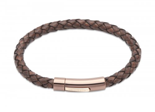 Unique - Leather - Stainless Steel - Rose Gold Plated IP Plating Bracelet, Size 21cm B321ADB-21CM B321ADB-21CM