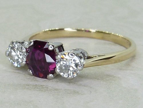 Antique Guest and Philips - Ruby Set, Yellow Gold - Platinum - Three Stone Ring R5816