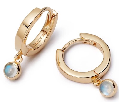 Daisy - Rainbow Moonstone Healing Stone, Yellow Gold Plated HUGGIE EARRINGS HE3011-GP