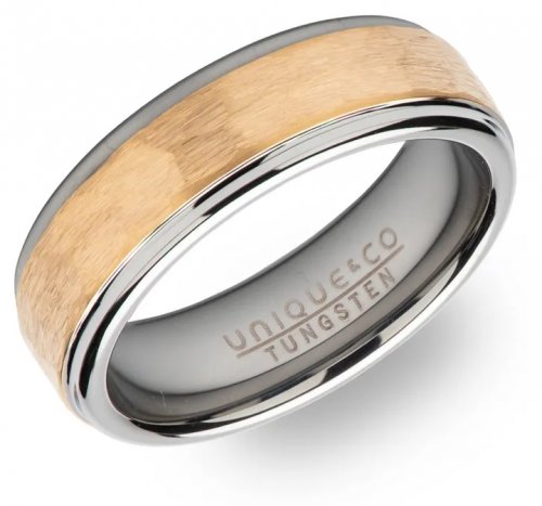 Unique - Stainless Steel/Tungsten - Yellow Gold Plated - Hammered Ring, Size 64