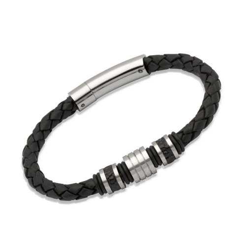 Unique - Black Leather and Stainless Steel Bracelet, Size 21cm