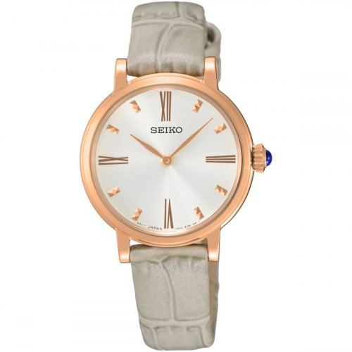 Seiko - Ladies, Rose Gold Plated, Silver Leather Strap Watch