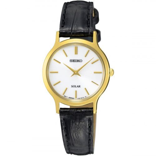 Seiko - Ladies Solar, Yellow Gold Plated with Black Leather Strap Watch - SUP300P1