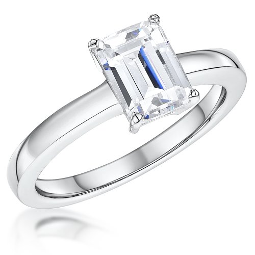Jools - Emerald Cut Cubic Zirconia Set, Sterling Silver Solitaire Ring, Size N