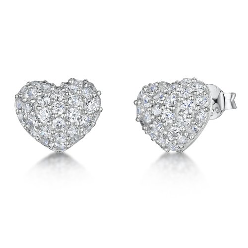 Jools - Cubic Zirconia Set, Silver Pav?? Heart Stud Earrings, Size 9mm - kpe1390