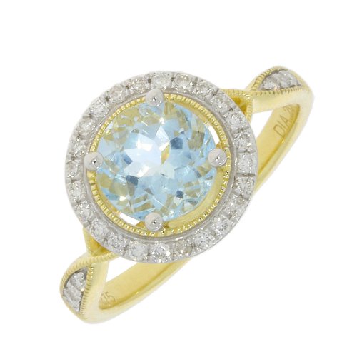 Oro - Aquamarine and Diamond 0.20pts Set, Yellow Gold - White Gold - 9ct Halo Ring, Size N 09RIDG86542