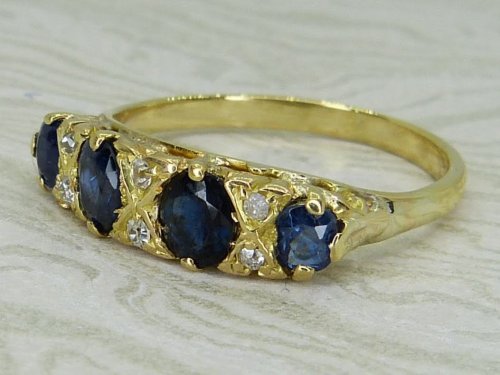 Antique Guest and Philips - Sapphire Set, Yellow Gold - Ten Stone Carved Head Ring R5973