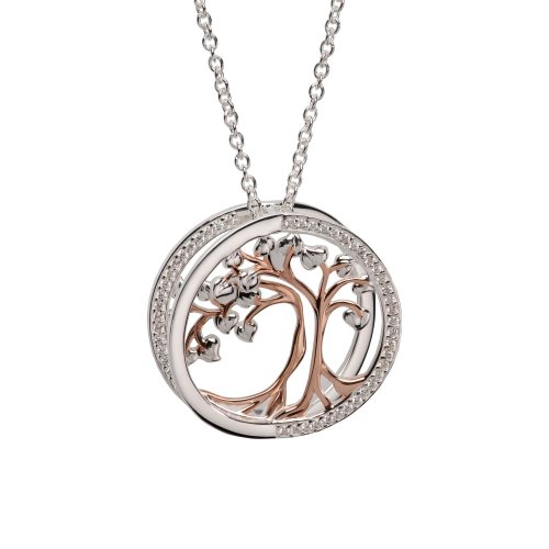 Unique - 3D, Cubic Zirconia Set, Sterling Silver - Rose Gold Plated - Tree Of Life Necklace - MK-781