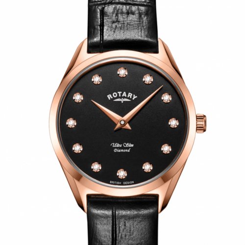 Rotary - Timepiece, Diamond Set, Stainless Steel - Rose Gold Plated - Leather Ultra Slim Diamond Watch - LS0814-04-D