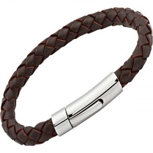 Unique - Leather - Stainless Steel - Darkbrown Bracelet, Size 21cm A40DB-21CM