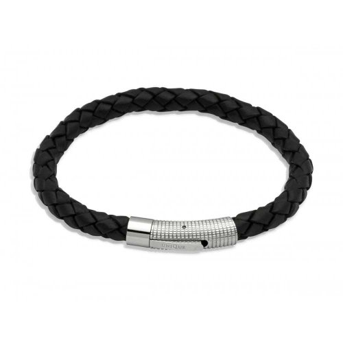 Unique - Black Leather and Stainless Steel Bracelet, Size 21cm B174BL-21CM