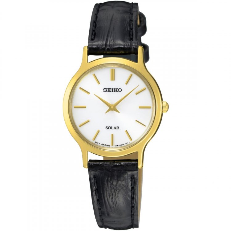 Seiko - Ladies Solar, Yellow Gold Plated with Black Leather Strap Watch -  SUP300P1 | Guest and Philips